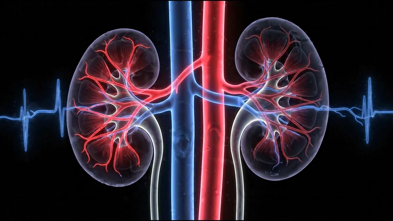 Human kidney pair connected to urinary tract bladder tubes