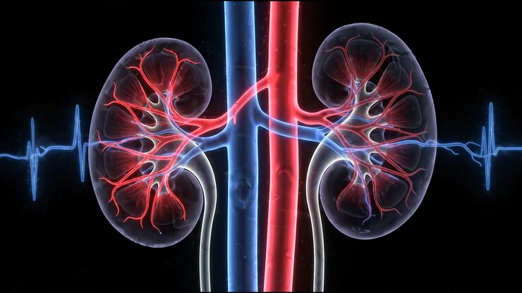 Human kidney pair connected to urinary tract bladder tubes