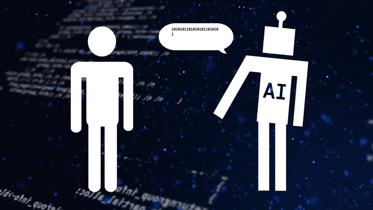 animación de bots de chat artificiales y procesamiento de datos sobre un fondo oscuro