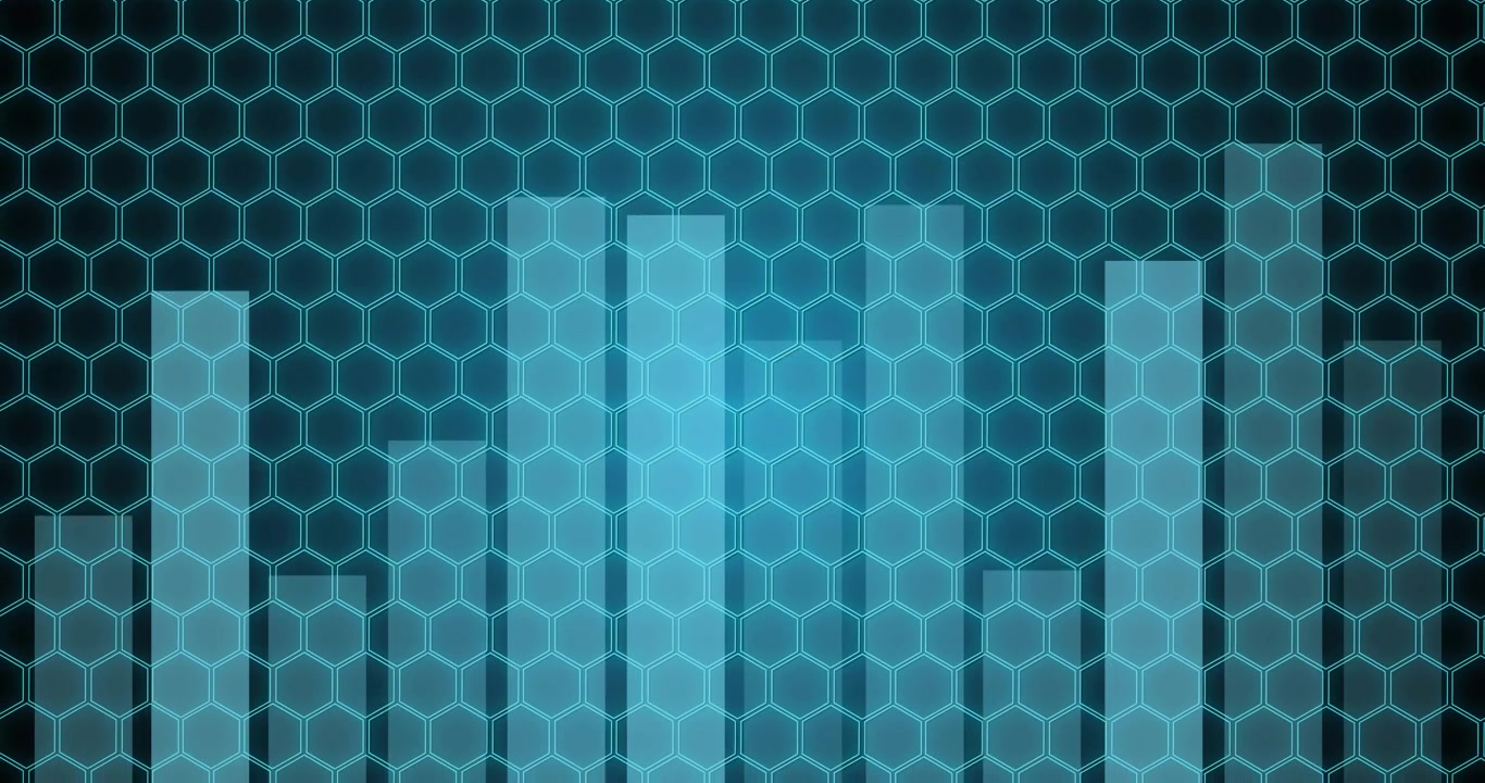 Animation of network of hexagons, data processing and statistics recording over blue background