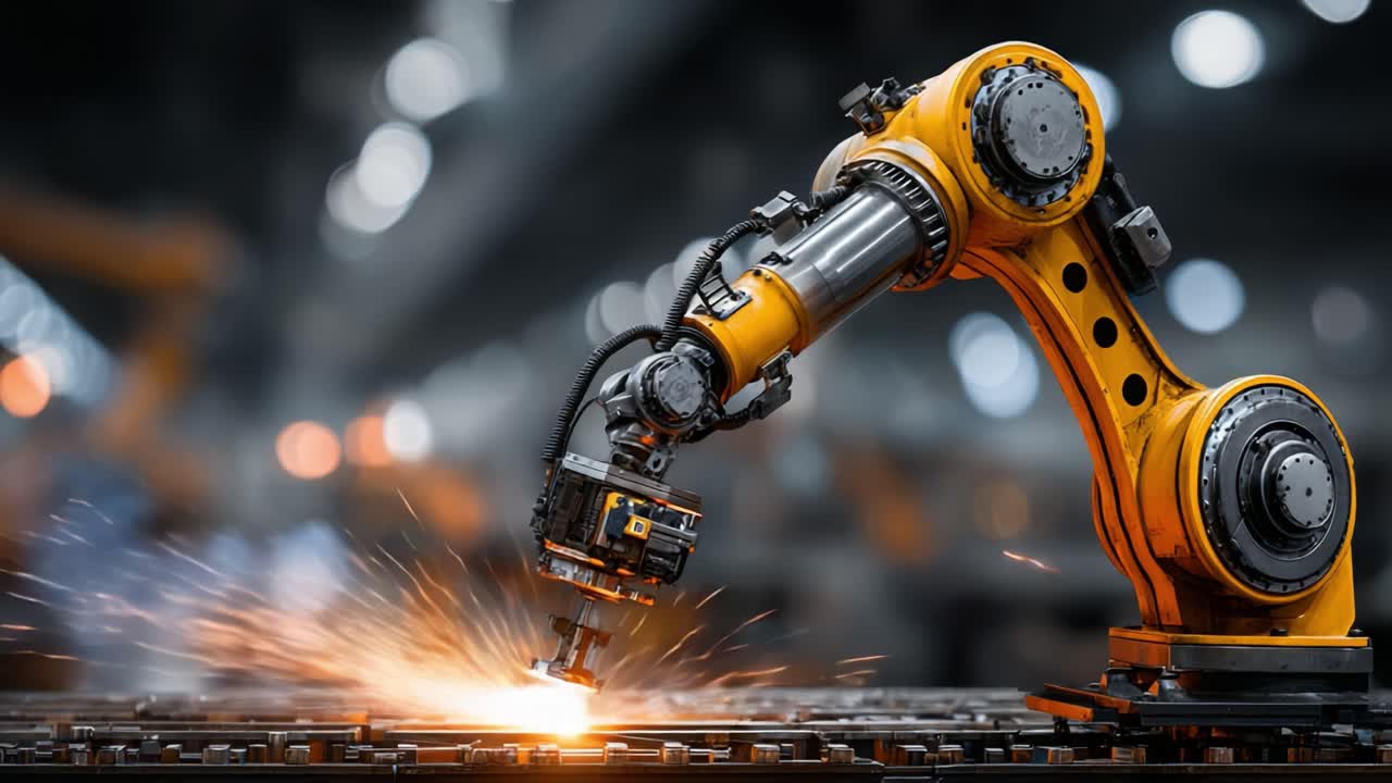 State-of-the-Art Robotic Arm Engaged in Precision Metal Cutting Process, Showcasing Sparks and Technological Innovation within a High-Tech Manufacturing Environment