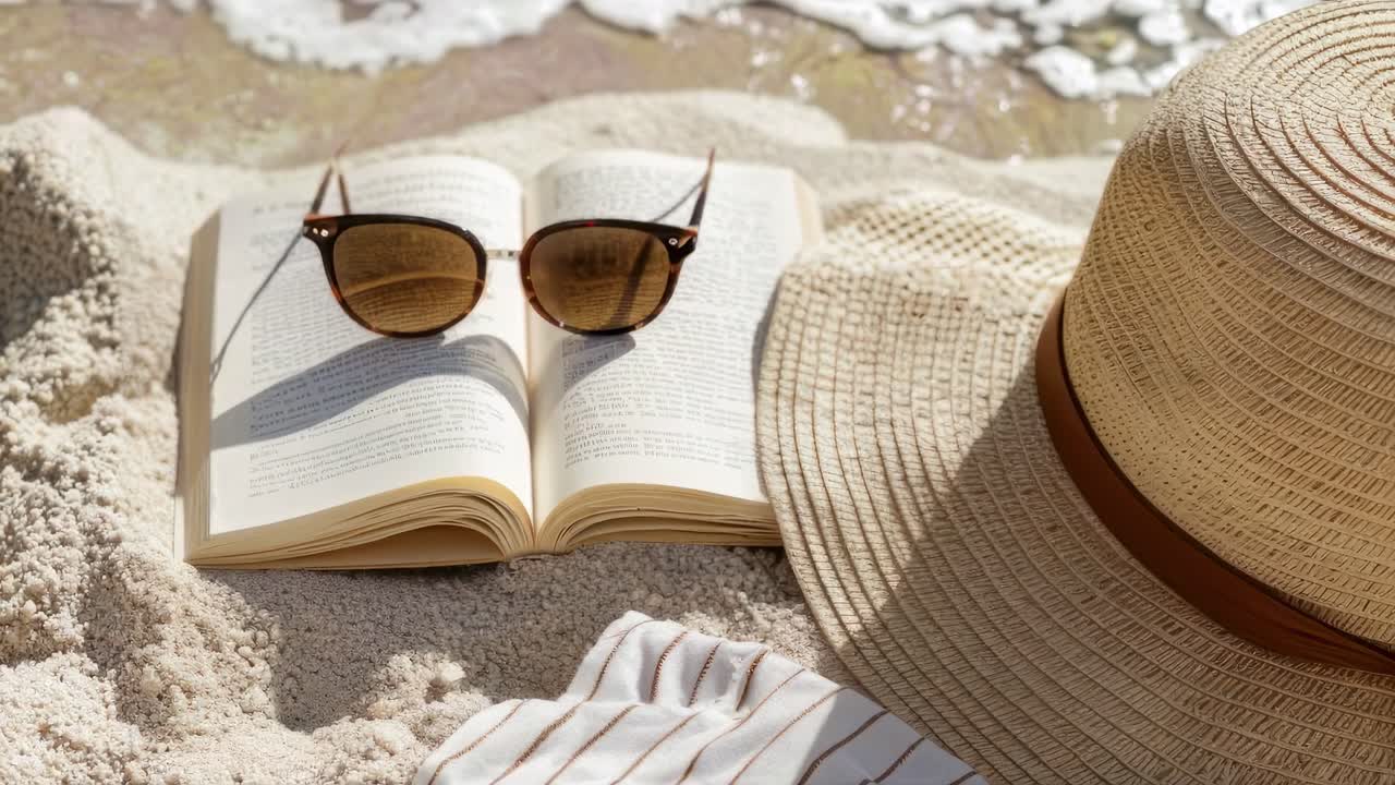 Top-down view of a sun hat, sunglasses, and open book on sandy beach, evoking a relaxing vacation