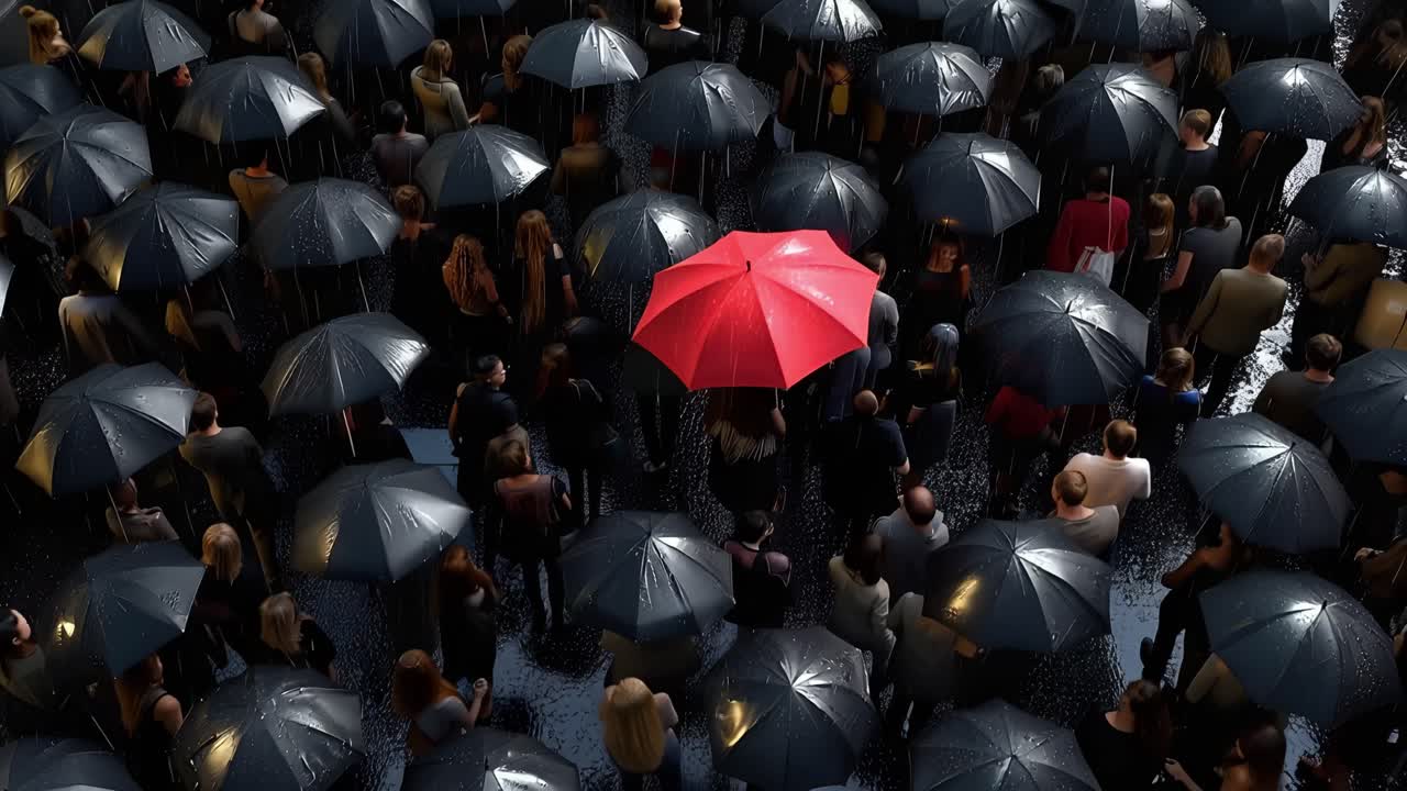 Un paraguas rojo destaca entre otros oscuros. Calle concurrida, lluvia, cielo gris, pavimento mojado. La gente camina, protegida, sin notar el único color brillante. Sin emoción visible, solo movimiento.