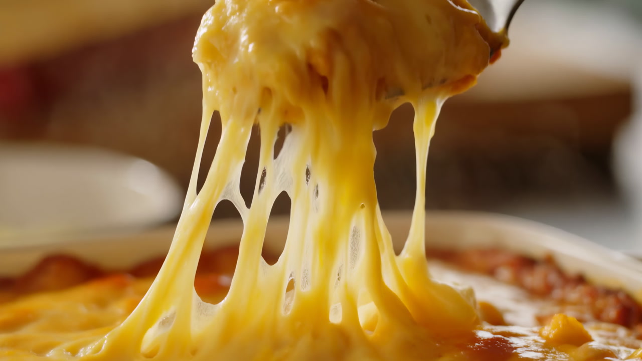 Melting Cheese Topping On Baked Casserole Being Scooped With Spoon, Closeup Cheese Pull And Stretchy Strings,