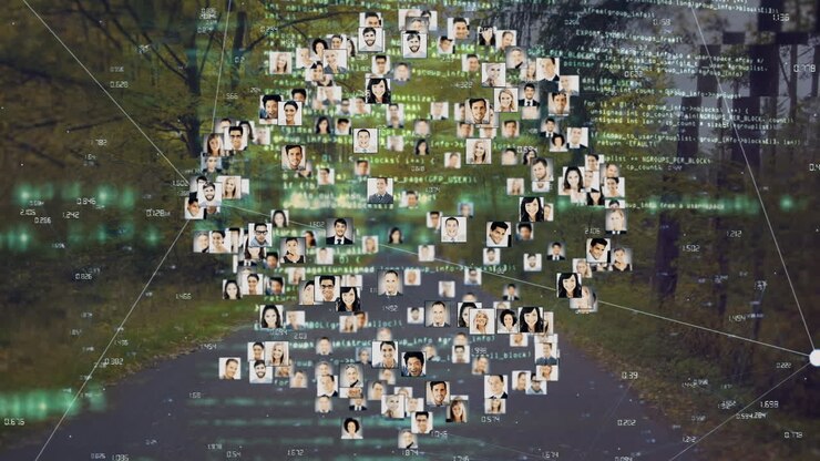 Animation of network of connections with pictures of people over data processing