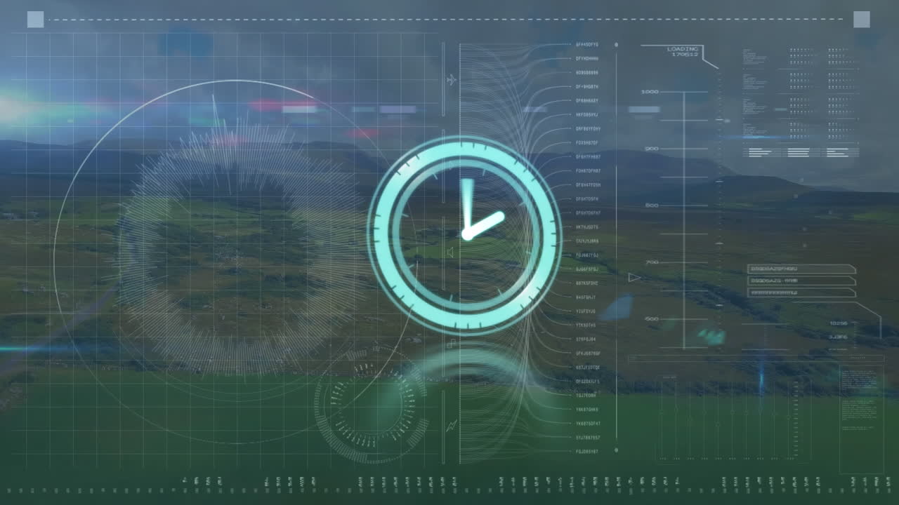 Animation of moving clock and data processing over landscape