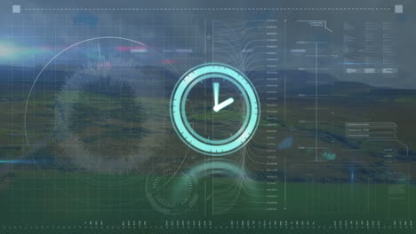 animación de reloj en movimiento y procesamiento de datos sobre el paisaje