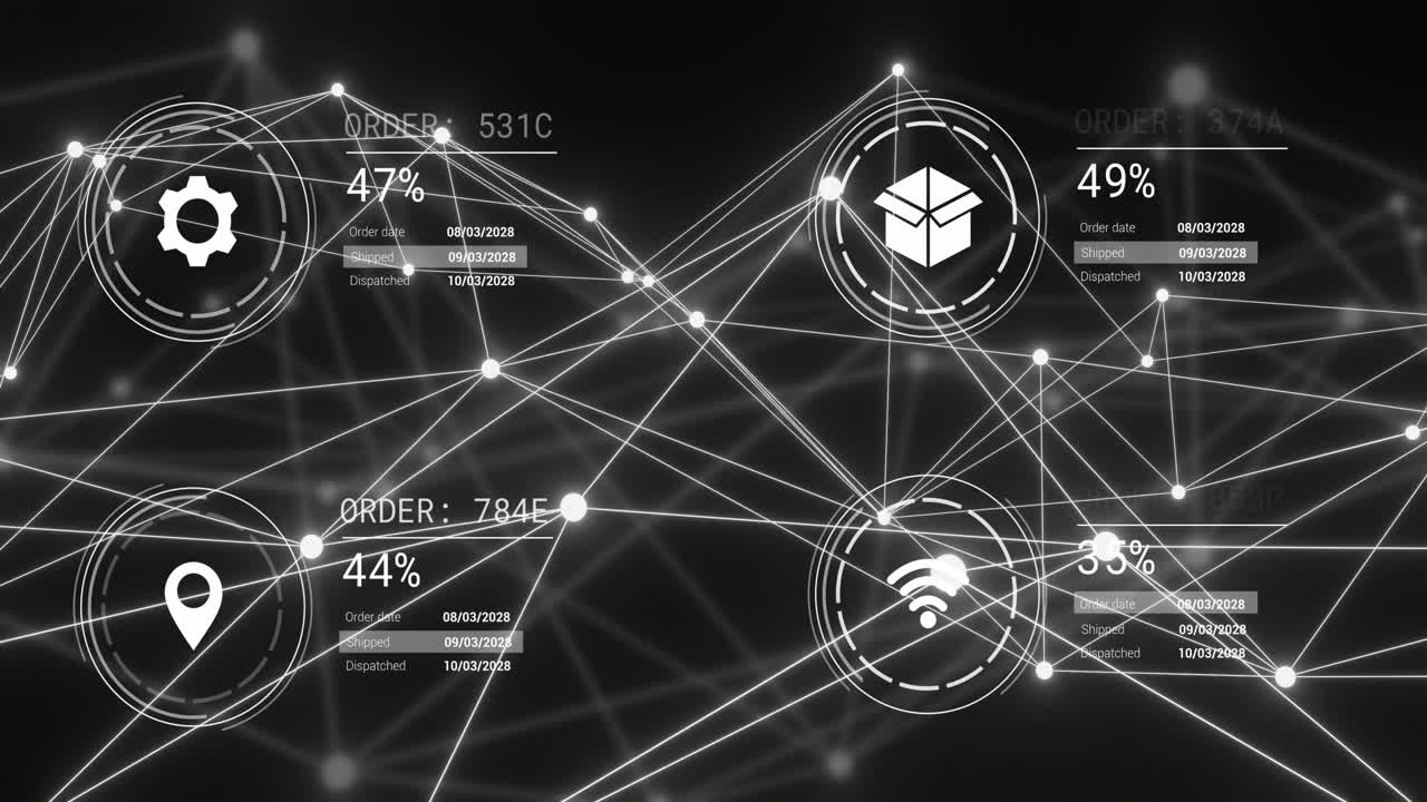 Animation of network of connections and digital icons over black background