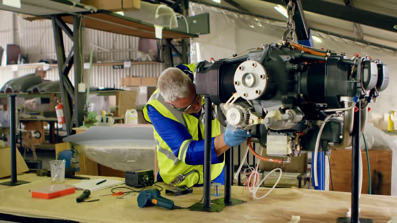 ingeniero reparando el motor del avión en el hangar 4k