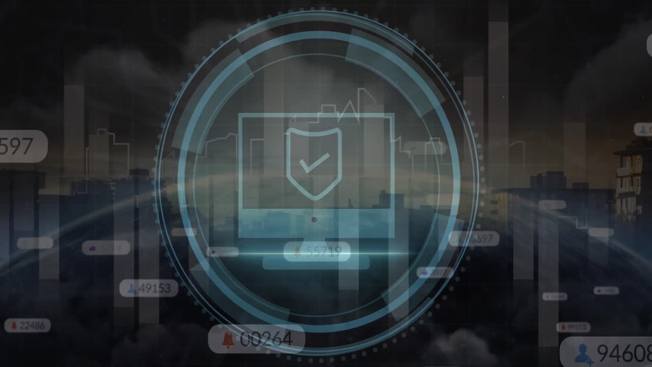 Animation of icons and data processing over cityscape