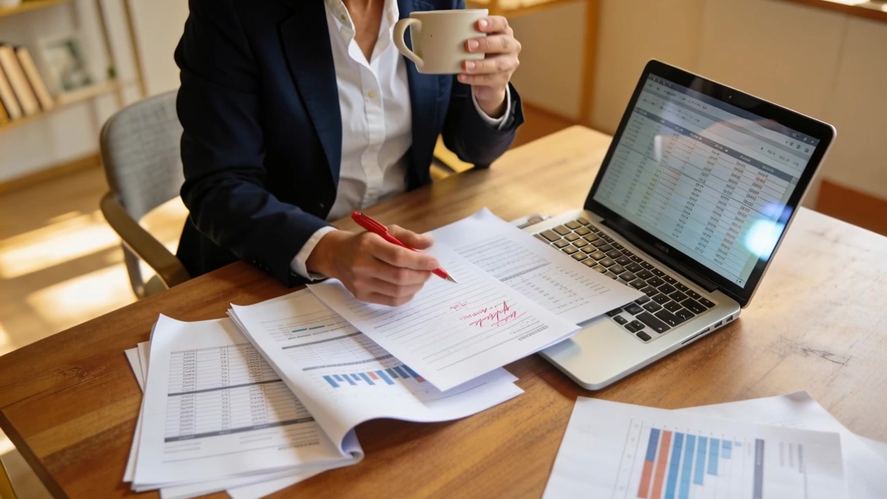Pegando uma caneta vermelha, mulher de blazer revisando um relatório na mesa com laptop, tomando café e retomando as edições.