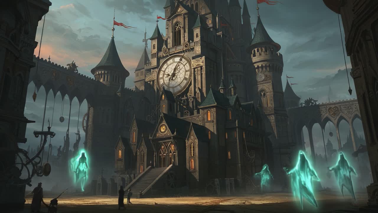 A Majestic Gothic Castle Stands Tall Against a Dramatic Sky, Home to Mysterious Ghostly Figures, Intrigue, and Enchantment in a Fantastical Setting