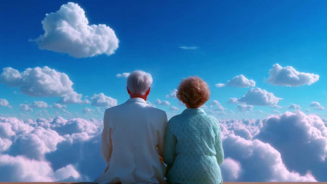 A Serene Moment of Togetherness: An Elderly Couple Sitting on a Cloudy Perch, Gazing at the Vast, Dreamy Sky Filled with Fluffy Clouds, Embracing Peaceful Companionship in a Whimsical Setting