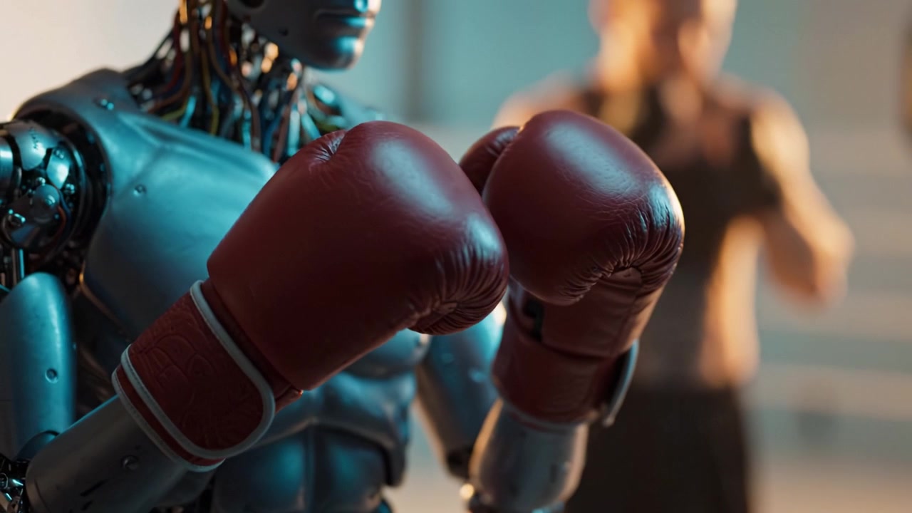 Un incontro di boxe futuristico con un atleta robot umanoide e un concorrente umano, che mette in mostra tecnologia, sportività e l'evoluzione degli sport da combattimento