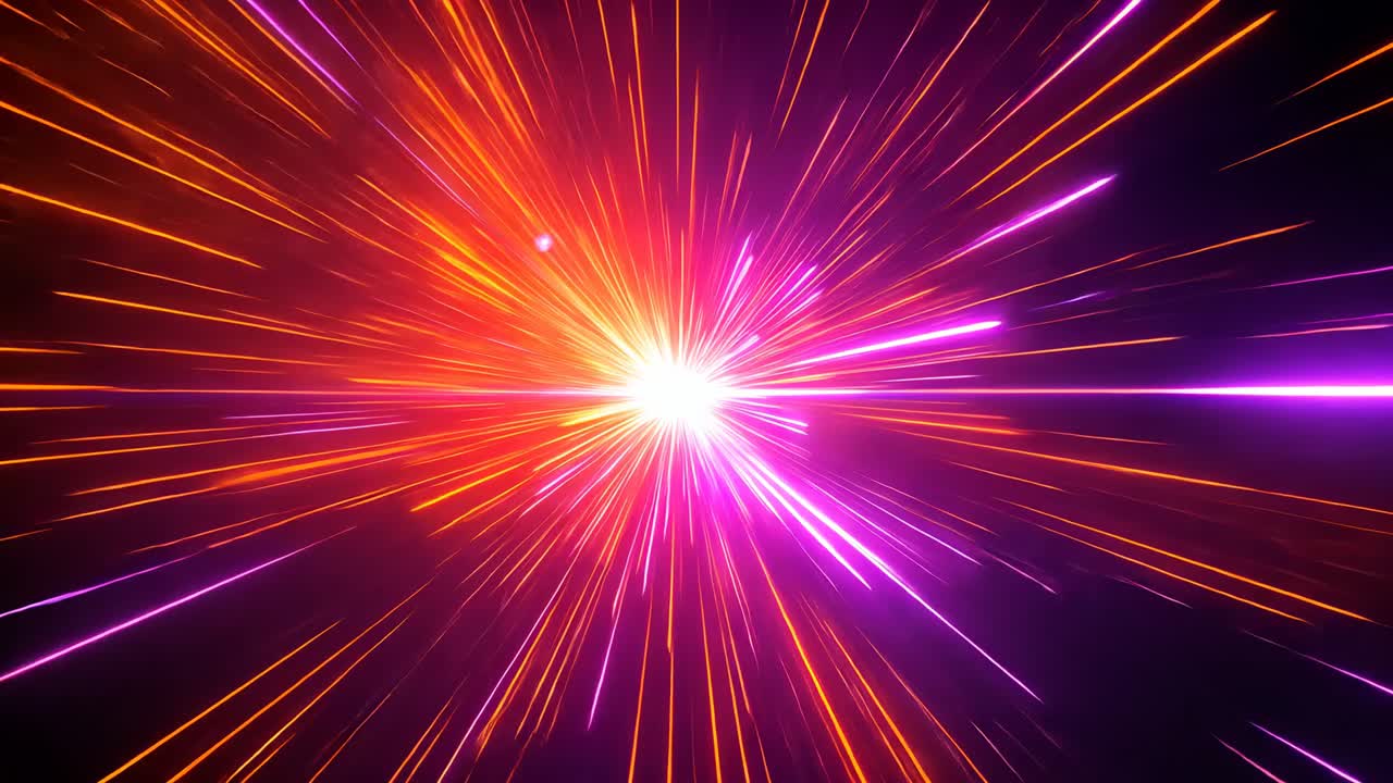 Bright core emerging in violet field, pulsing and expanding into starburst of radiating streaks