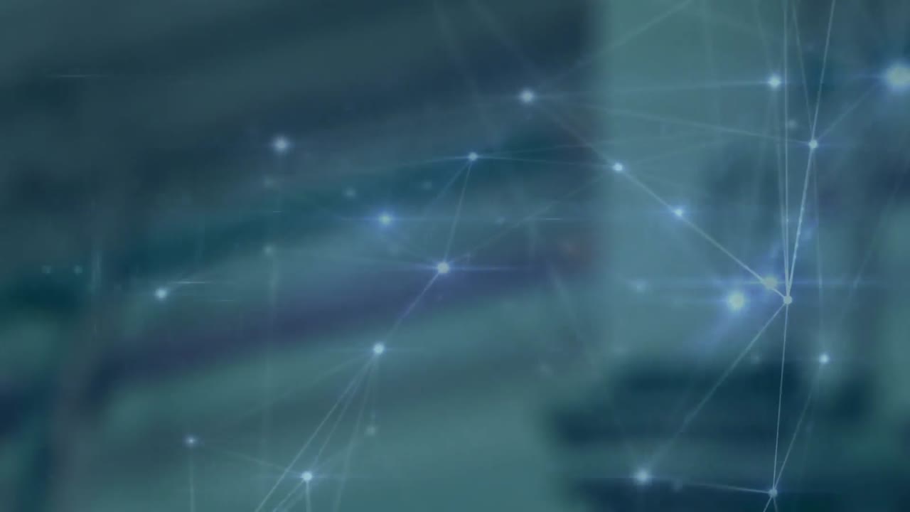 Animation of network of connections with glowing spots over blue background
