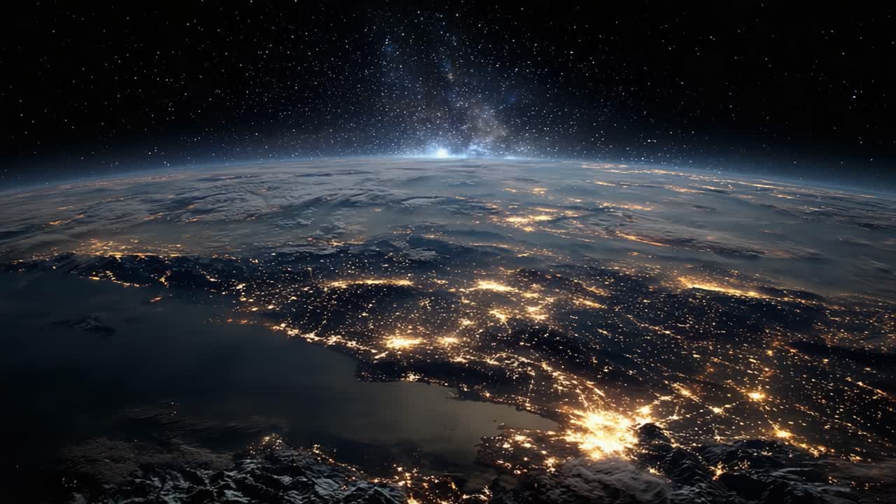 A Stunning View of Earth from Space Showcasing Nighttime Illumination and the Beautiful Galactic Background Captured in Two Unique Frames