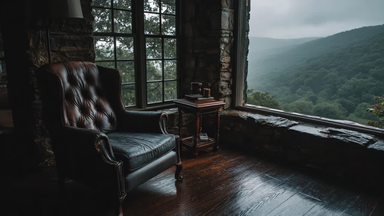A Serene Retreat: Captivating Views from a Cozy Armchair by the Window in a Rustic Cabin Overlooking the Misty Mountains