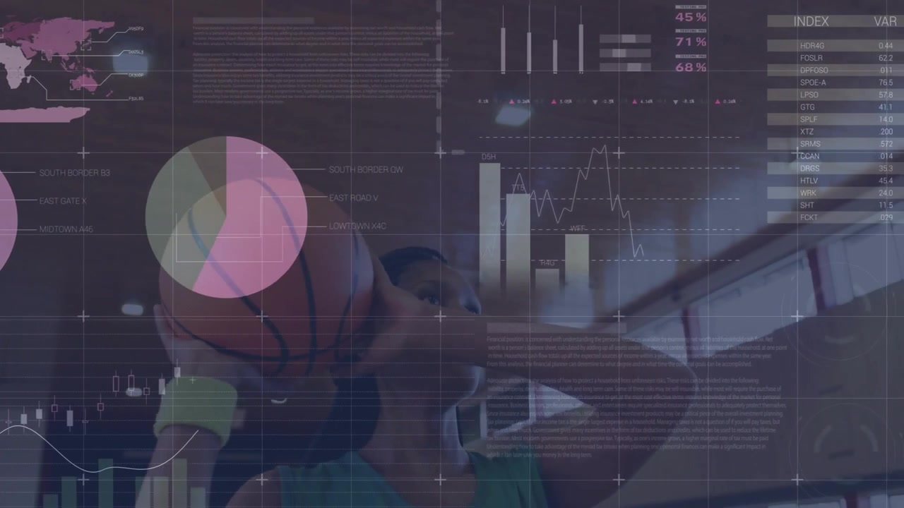 Lifting athlete in green jersey white shorts holding ball and bottle on gym court, data overlays