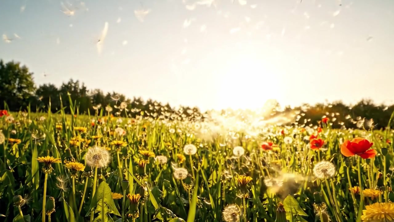 En levende eng fylt med fargerike villblomster og løvetann under en lys solrik himmel, som fanger essensen av naturens skjønnhet og ro i full blomst.
