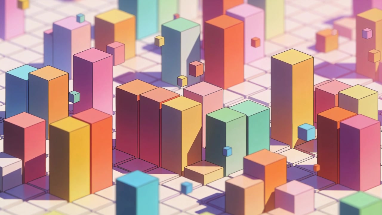 Panning camera revealing pastel prism cluster on white tiled grid, highlighting levitating cubes