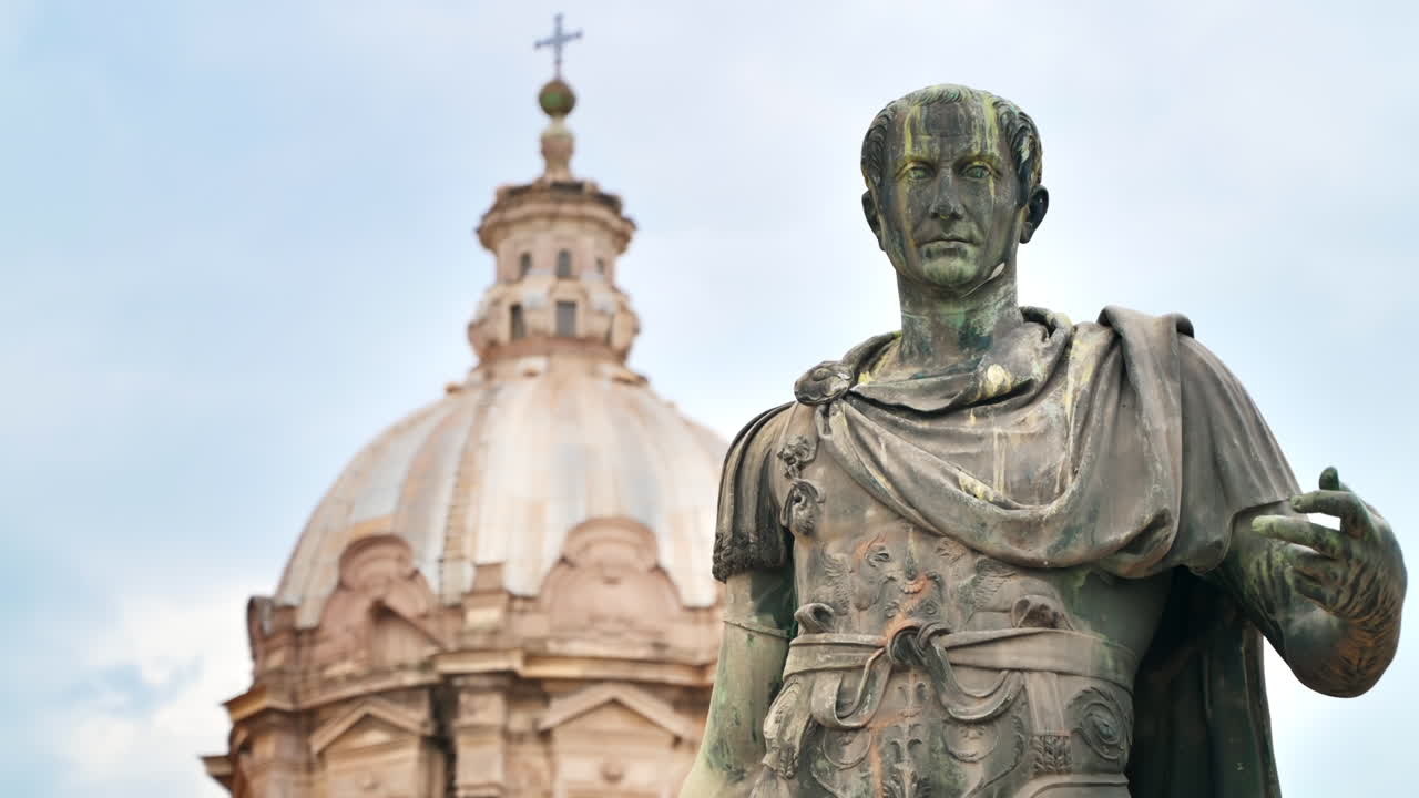 Statue of Julius Caesaer located in the centre of Rome, Italy. Buildings on the background