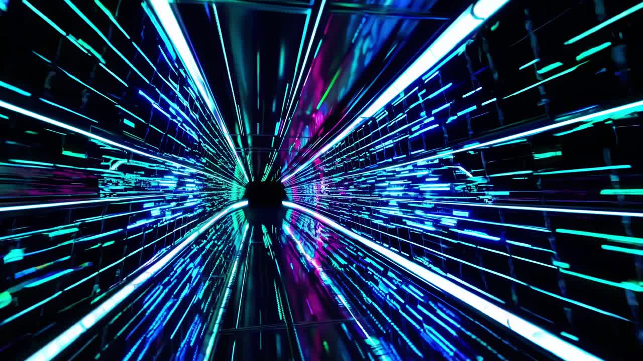 Dynamic visual sequence of vibrant neon lights and digital patterns flowing through a tunnel, creating an immersive experience of motion and energy in a futuristic environment