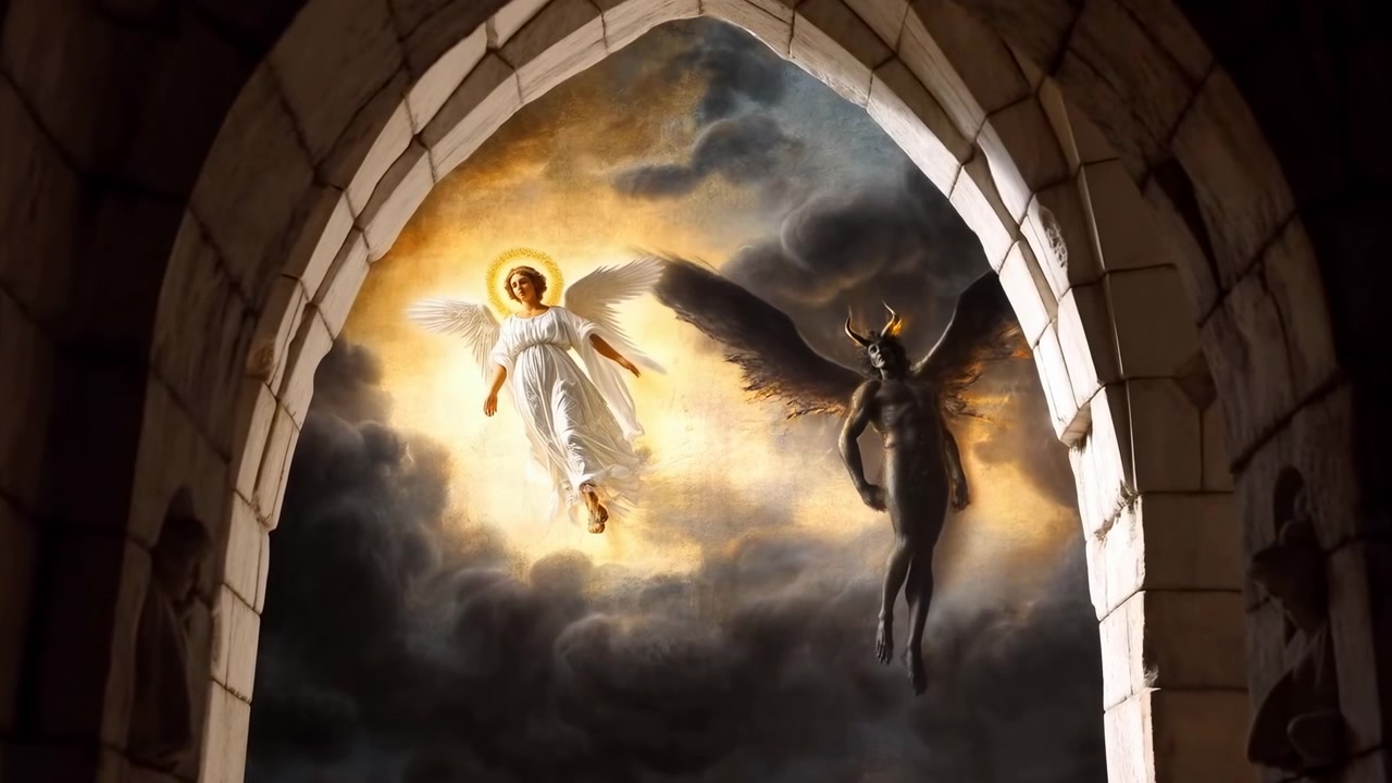 Arched stone opening frames painted figures floating among clouds with bright central illumination and dark shadows, showing detailed wall artwork, symmetrical perspective, and warm atmospheric tones.