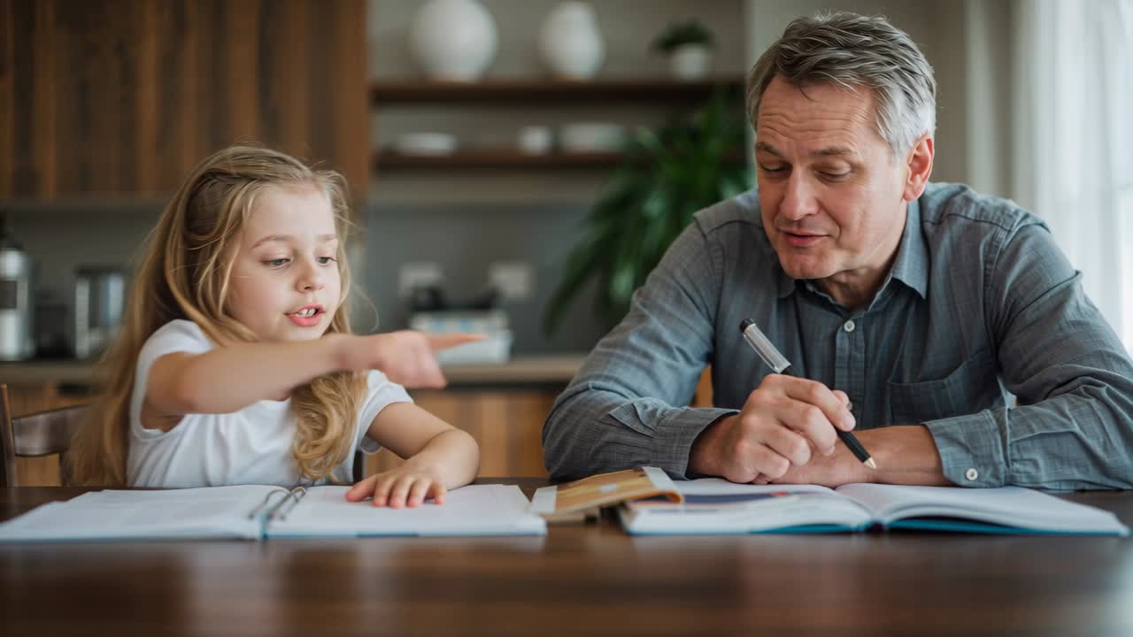 Pointing white-shirt girl drawing grey-shirt dad writing in notebook at kitchen table for homework