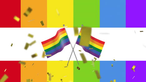 animation of rainbow flags and confetti falling over rainbow background