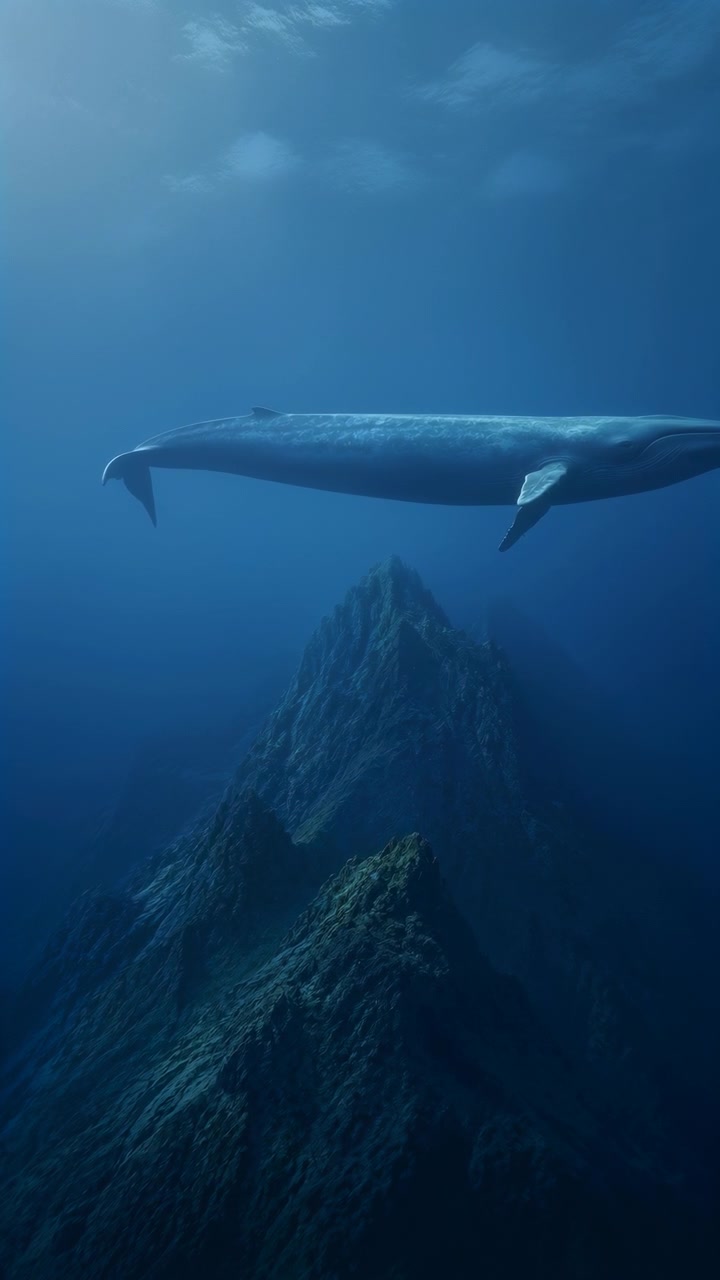 Balena vista di lato si muove fluidamente attraverso l'inquadratura sotto la superficie dell'oceano mentre scure creste rocciose si ergono sotto, creando una profondità a strati contro una morbida luce subacquea blu