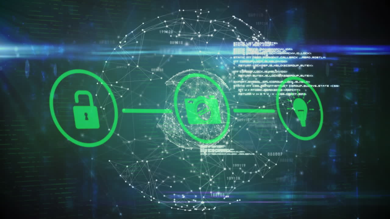 Animation of digital icons over globe of network of connections and blue light trails