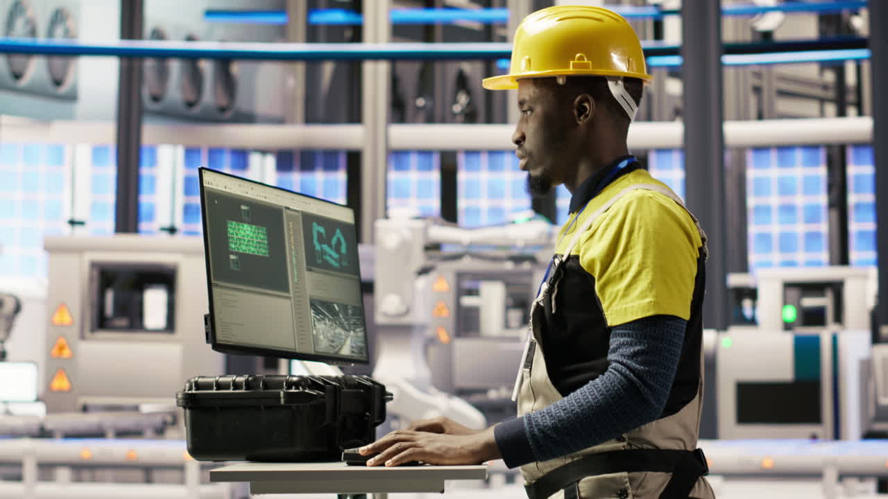 Vertical video Engineer overseeing solar panel production lines equipment using PC software