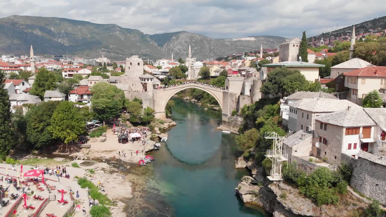 Aerial: drone flying backwards in front of the Stari Most
