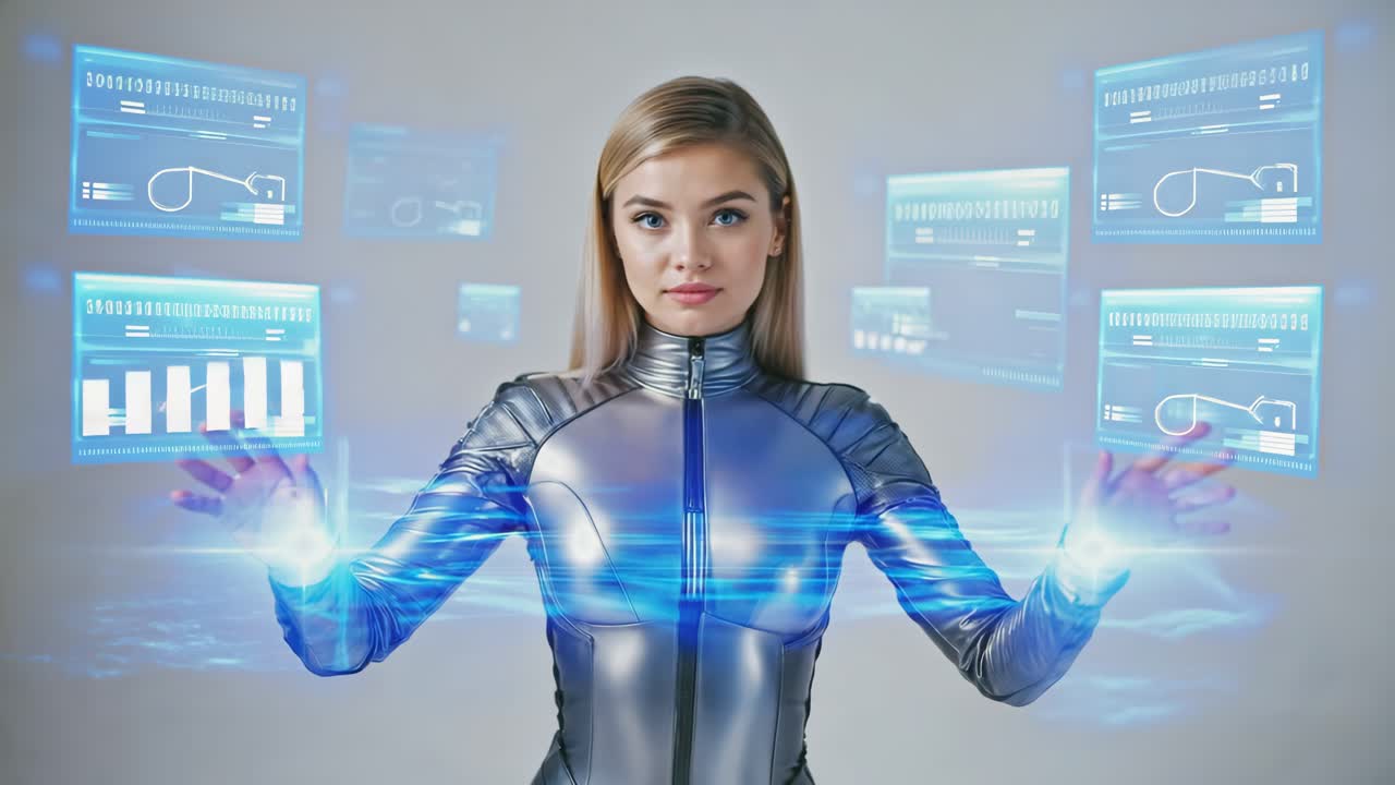 Futuristic woman interacting with holographic screens