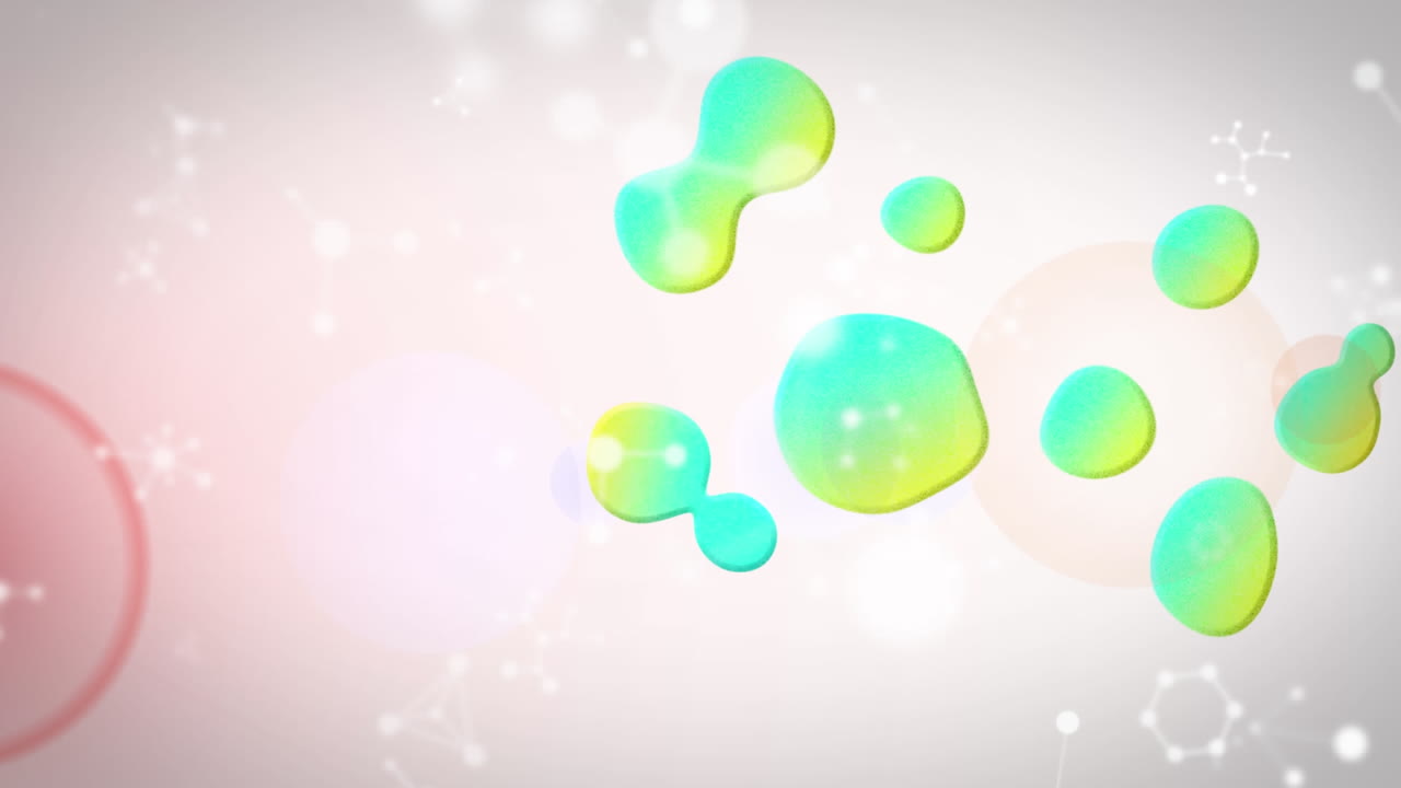 Animation of blue and yellow liquid droplets with molecules moving on illuminated lens flare