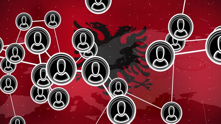 Network of connected user icons animation over Albanian flag background