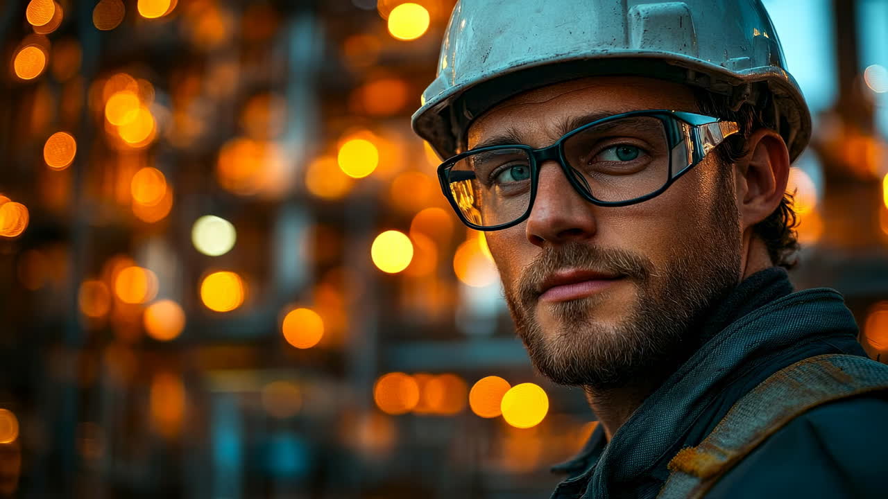 Worker in safety gear at industrial site. A worker in a helmet and glasses stands at an industrial site with warm evening lights in the background