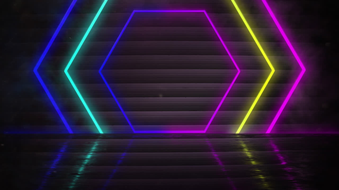 Animation of colorful multiple geometrical shapes on dark back ground