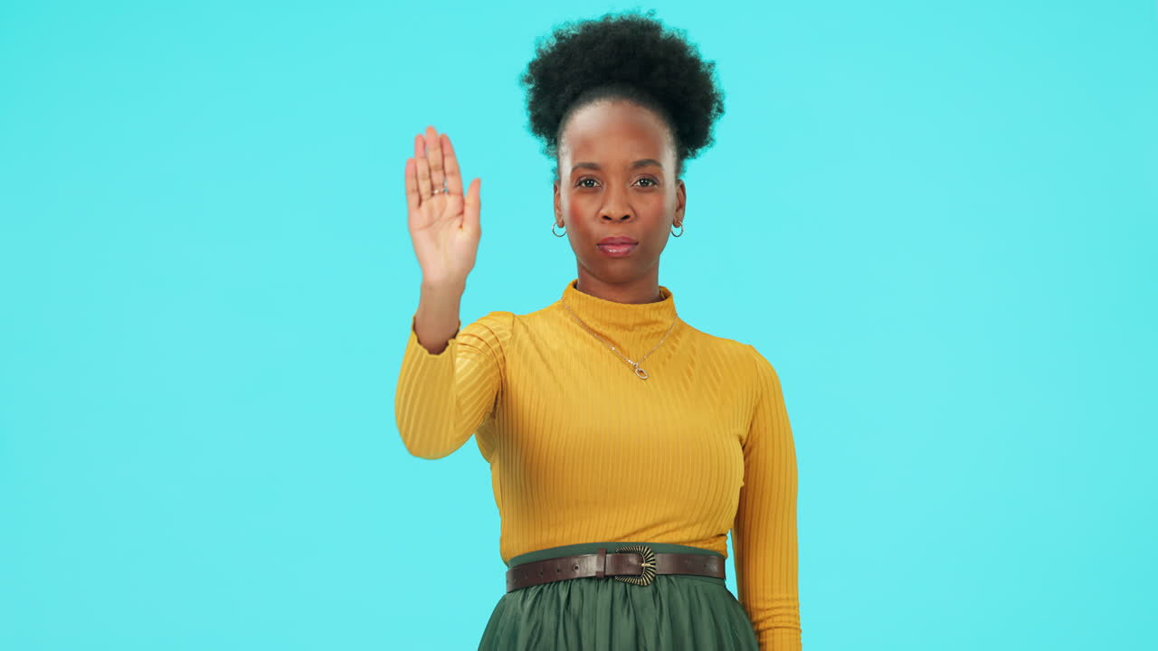 Upset, face and woman with rejection gesture