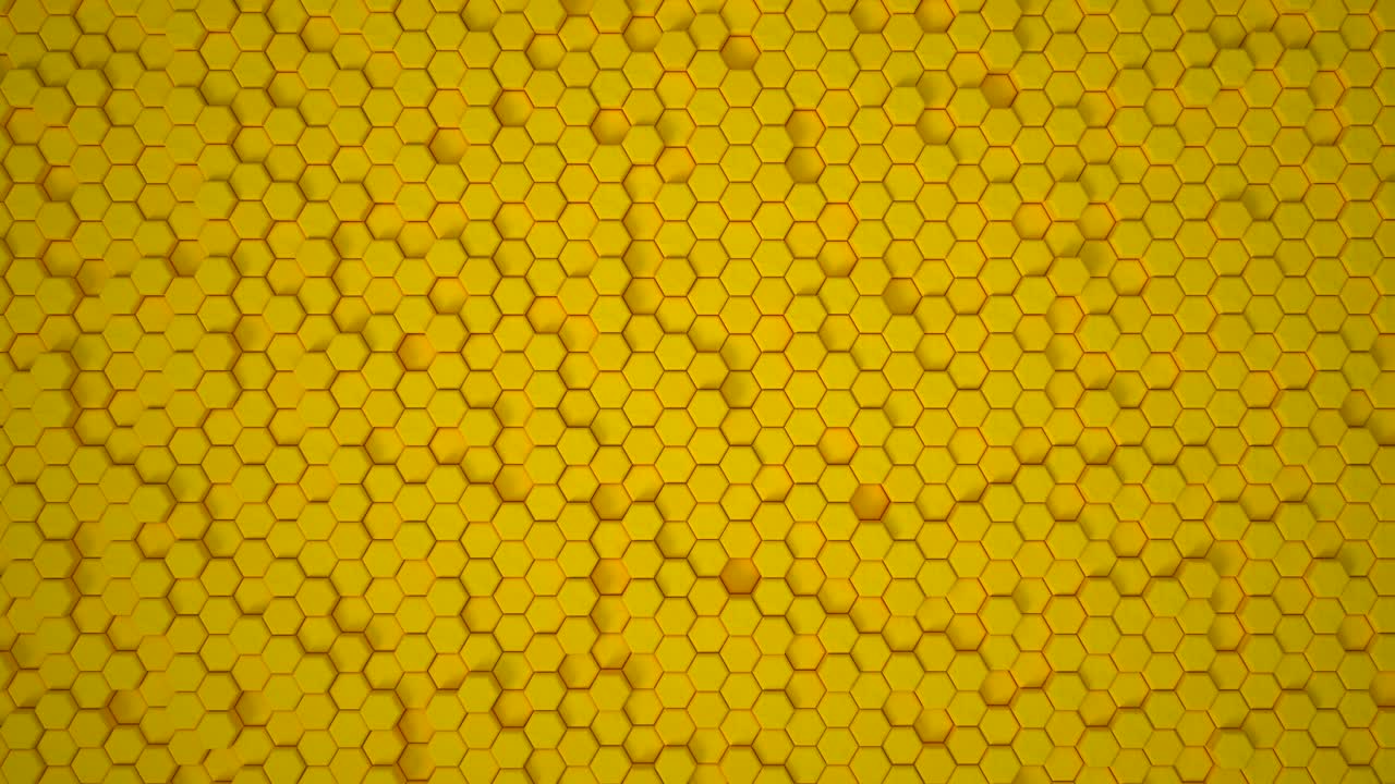 el contorno geométrico hexagonal abstracto de la superficie: el amarillo captura el patrón de cuadrícula hexogonal minimalista del mundo, el lienzo de fondo con movimiento aleatorio, el panal. bucle sin costuras 4k.