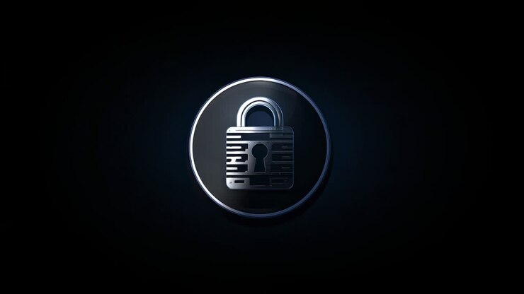 Rim light sweeping across metallic frame in dark void, 3D padlock rotating and revealing highlights