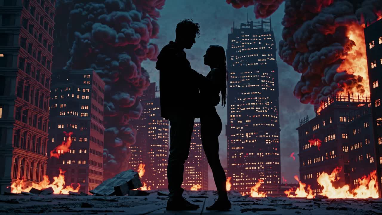 불로 황폐화된 도시 한가운데에서 한 부부가 포옹합니다.