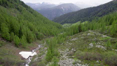 Imágenes-Aéreas-De-Drones-Que-Revierten-Lentamente-A-Través-De-Un-Paisaje-Montañoso-Con-Laderas-Cubiertas-De-Alerces-Y-Abetos-Con-Parches-De-Nieve-En-Suiza