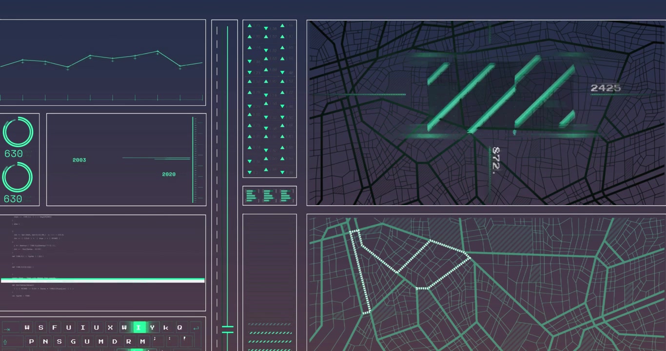 Animation of maps and computer data processing over dark background