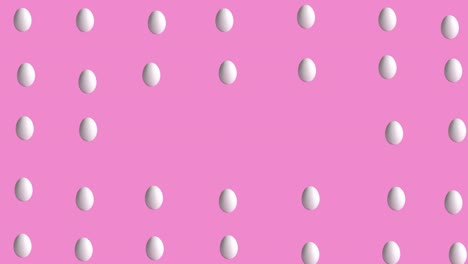 seamless looping animation with chicken raw eggs that wiggle on rose and pink background, close-up. side view pattern of farm products, easter concept with copy space