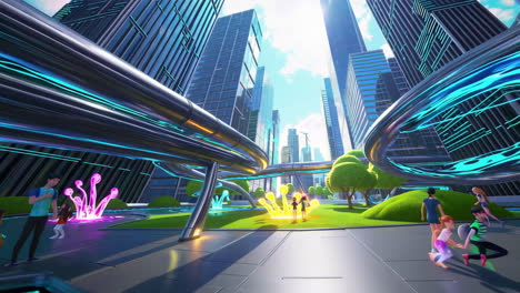 futuristic city park with people