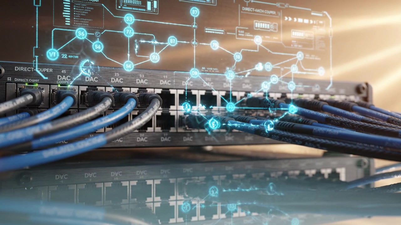 Exploring a High-Tech Network Switch with Intricate Connections and Data Flow Visualization in a Modern Digital Environment