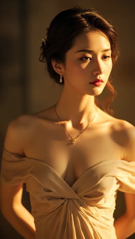 Elegant Woman in Off-Shoulder Gown Bathed in Golden Hour Light