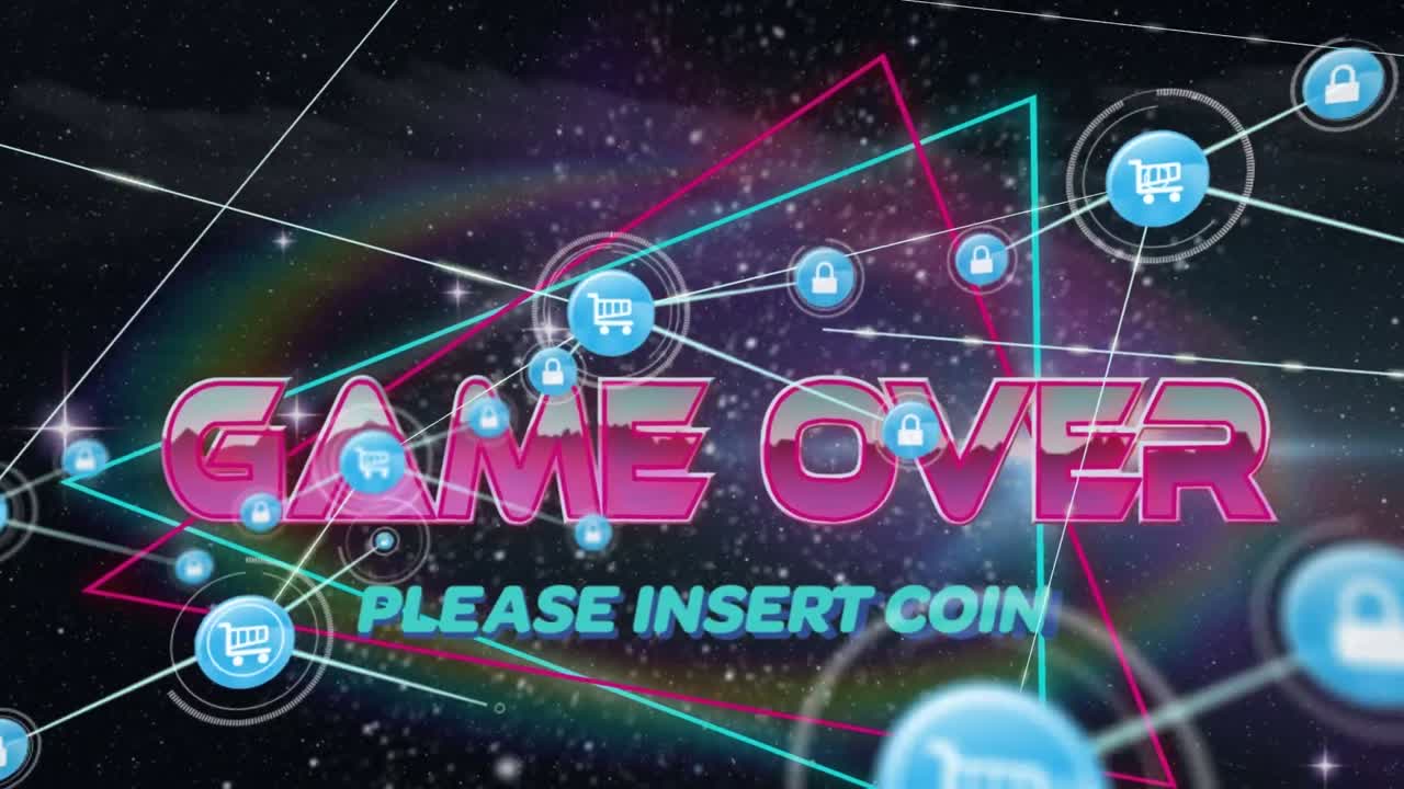 게임 위에 텍스트 위에 아이콘을 가진 연결 네트워크의 애니메이션